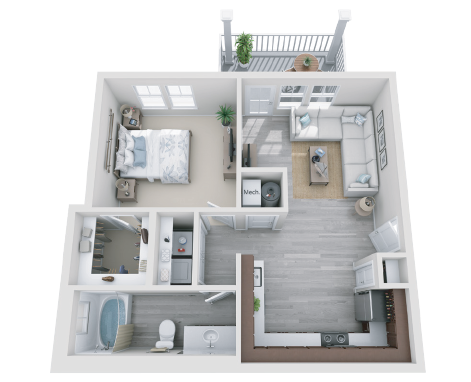 Floor plan for 1 bed, 1 bath, 717 sqft